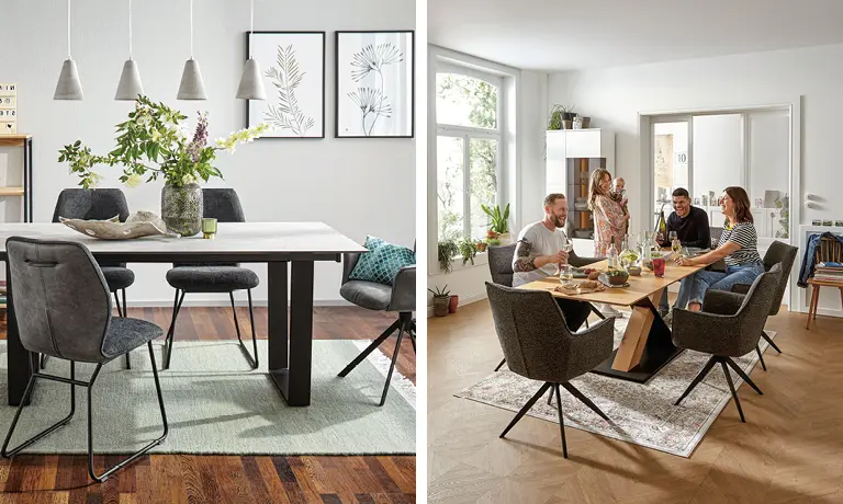 Ein Esstisch mit Stühlen bildet die Essgruppe. Hier speisen Singles, Familien und Freunde. 